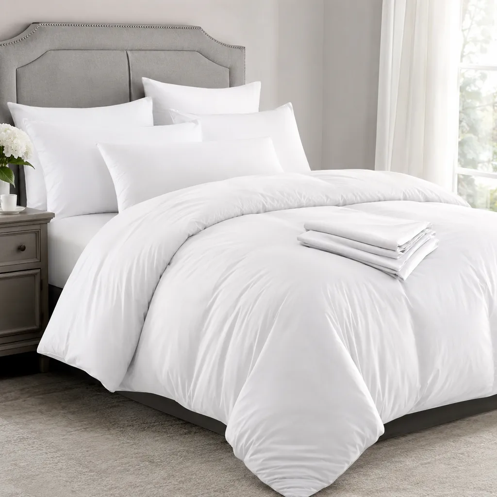 Coordinated white down bedding set with duvet and pillows on a hotel-style bed