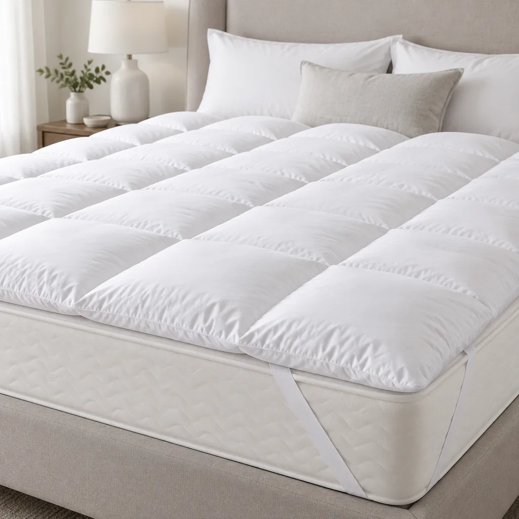 White down mattress topper with quilted channels on a clean mattress