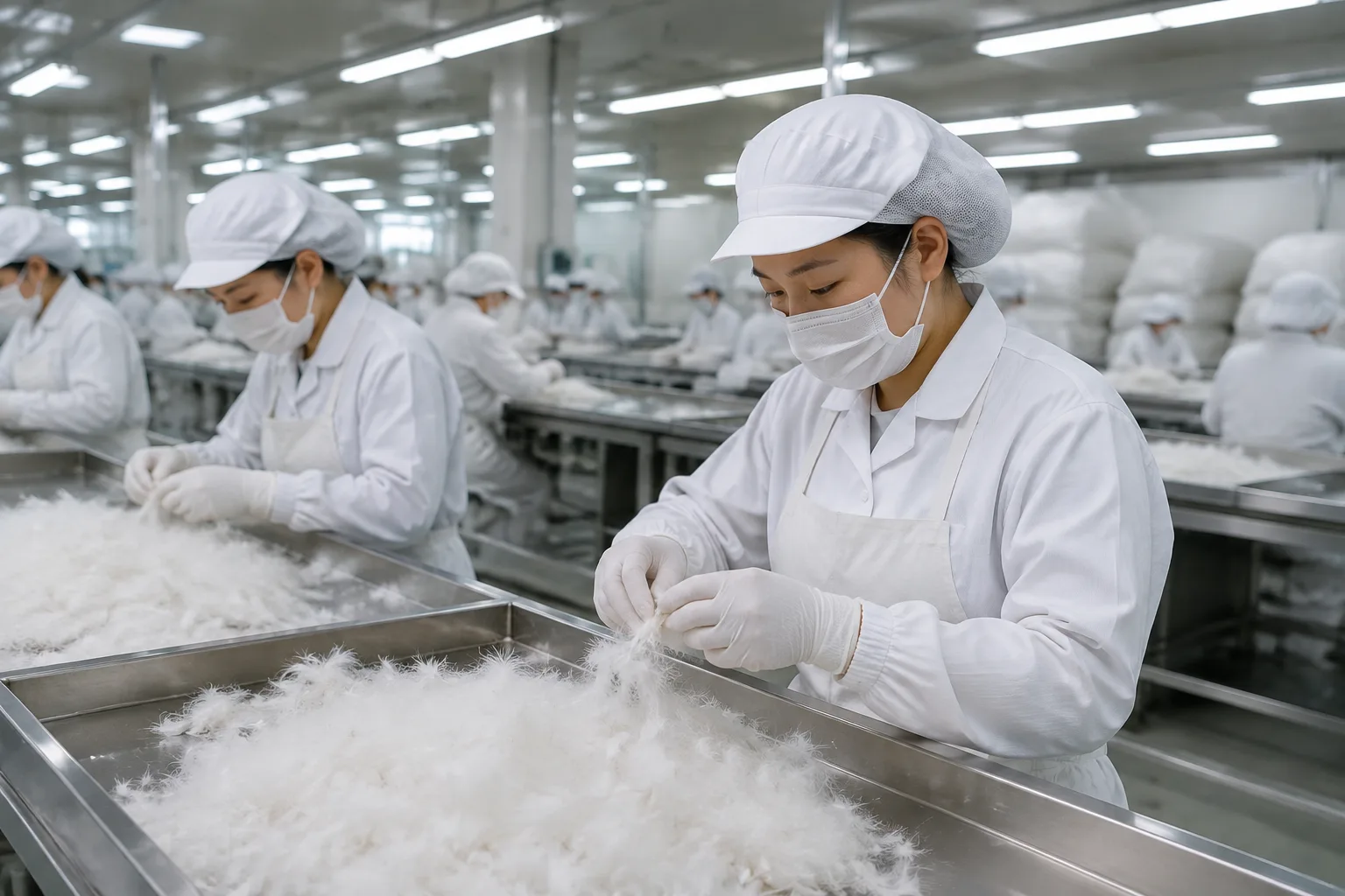 Workers sorting white down at clean stainless-steel workstations in a textile factory
