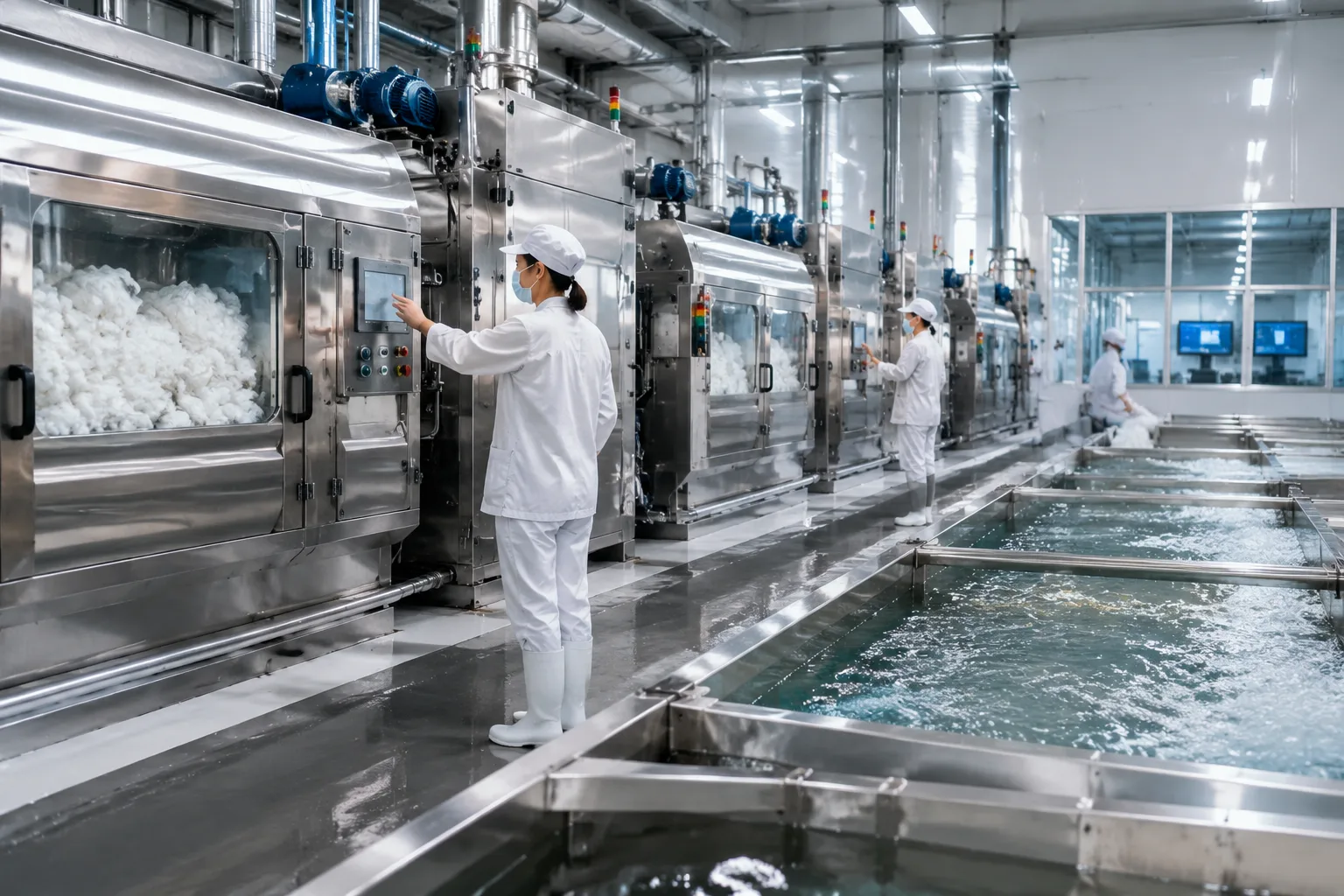 Industrial down washing and processing line in a clean modern textile facility