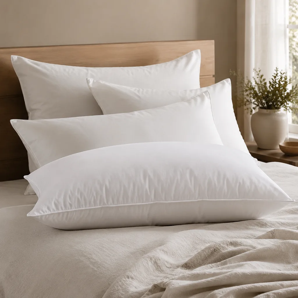 White feather and down pillows arranged on a light linen bed