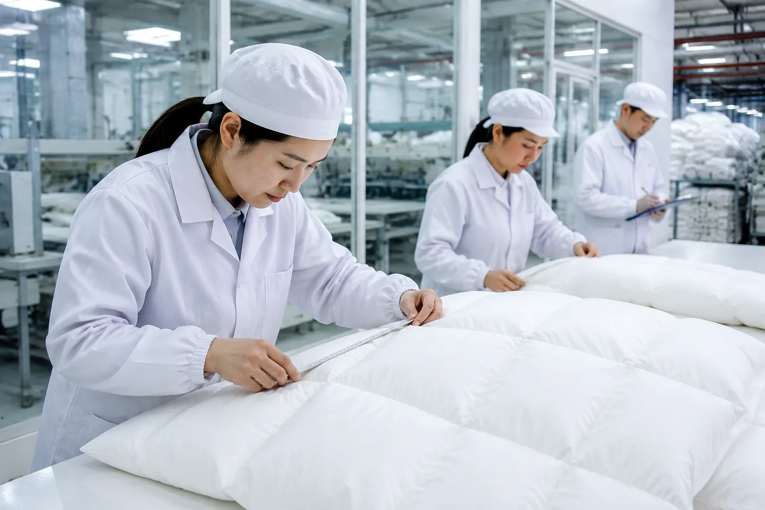 Quality inspectors examining white down duvets on a clean inspection table