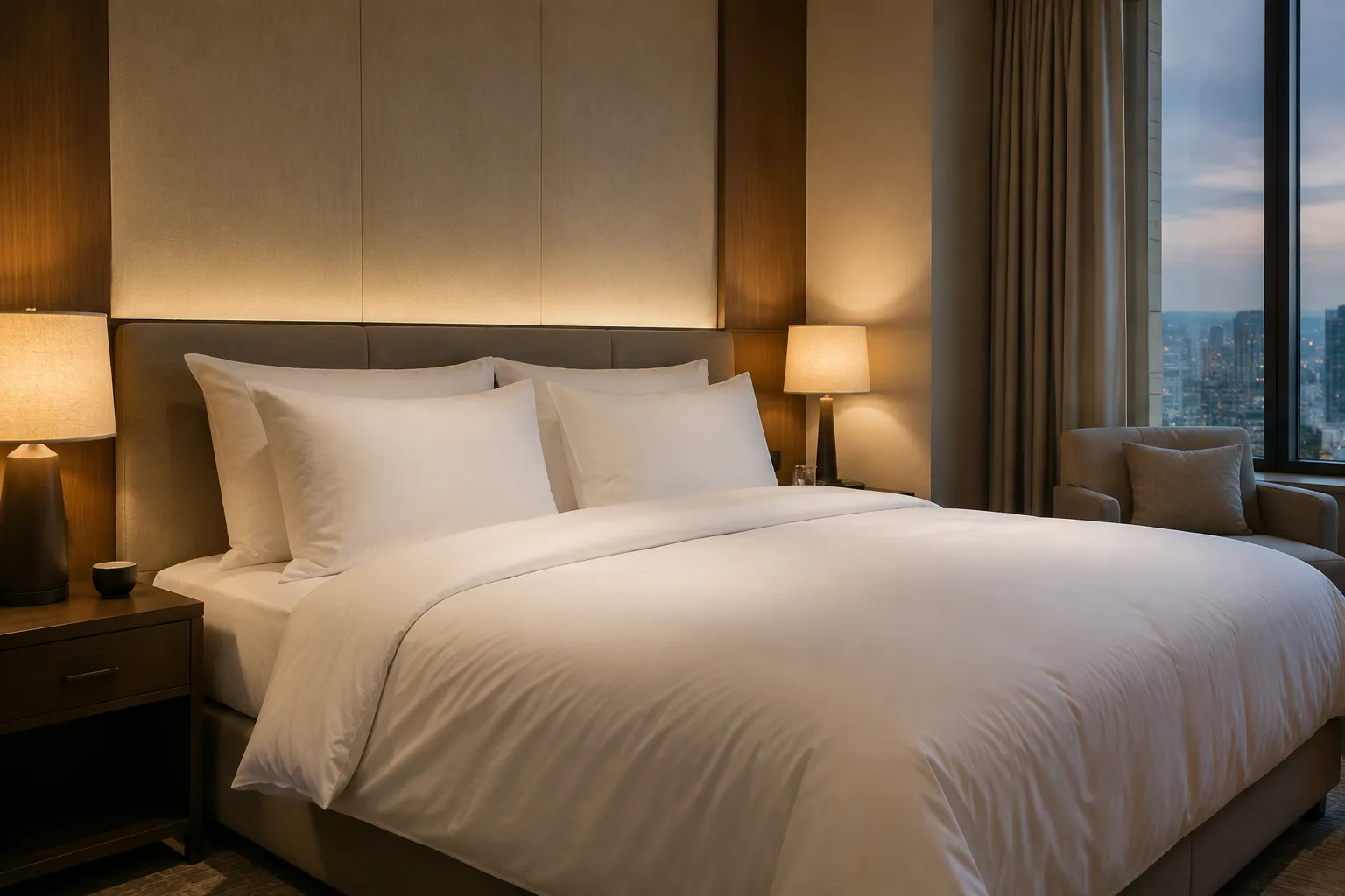 Contemporary hotel guestroom bed dressed with white down duvet and pillows