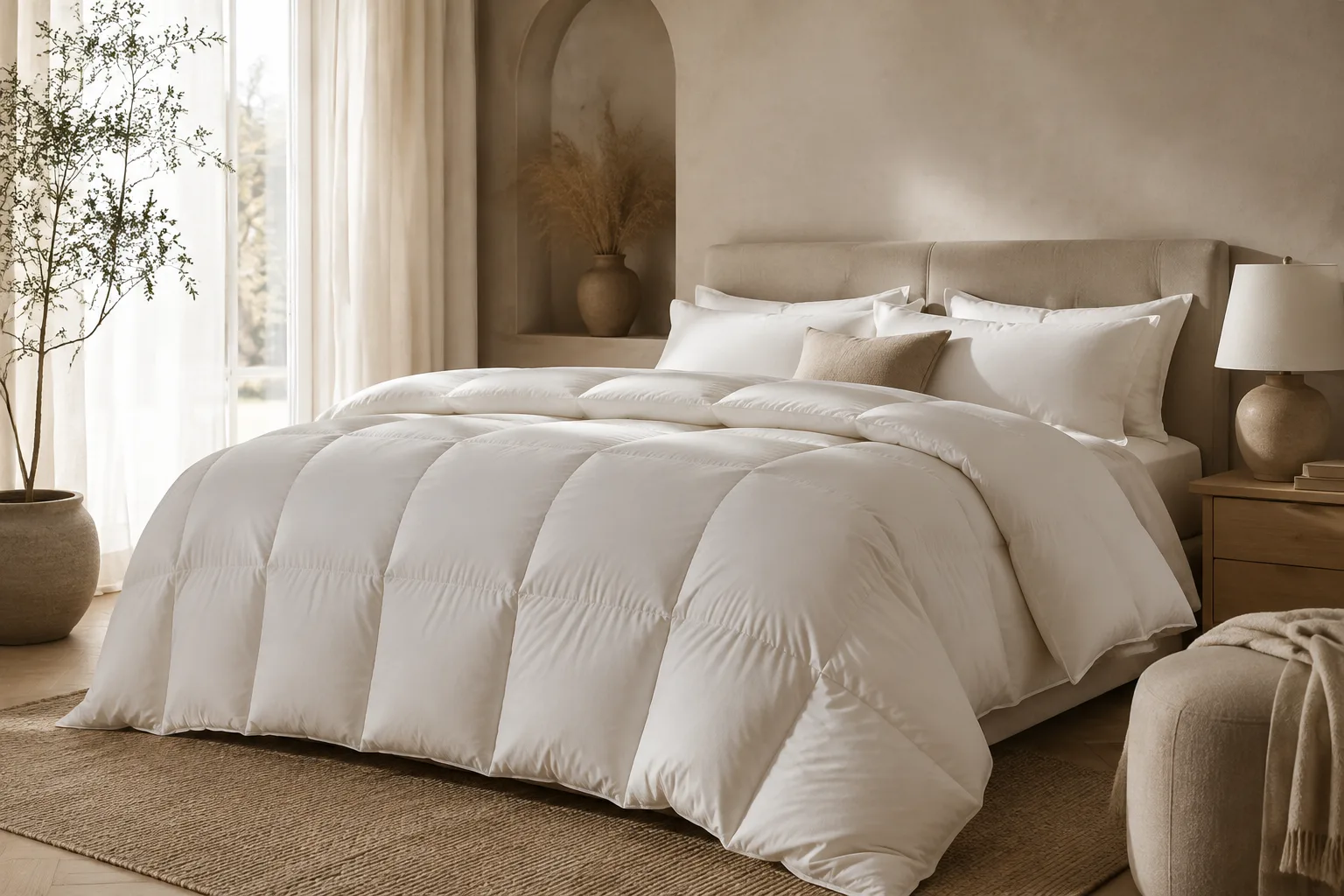 Neatly folded white down duvet