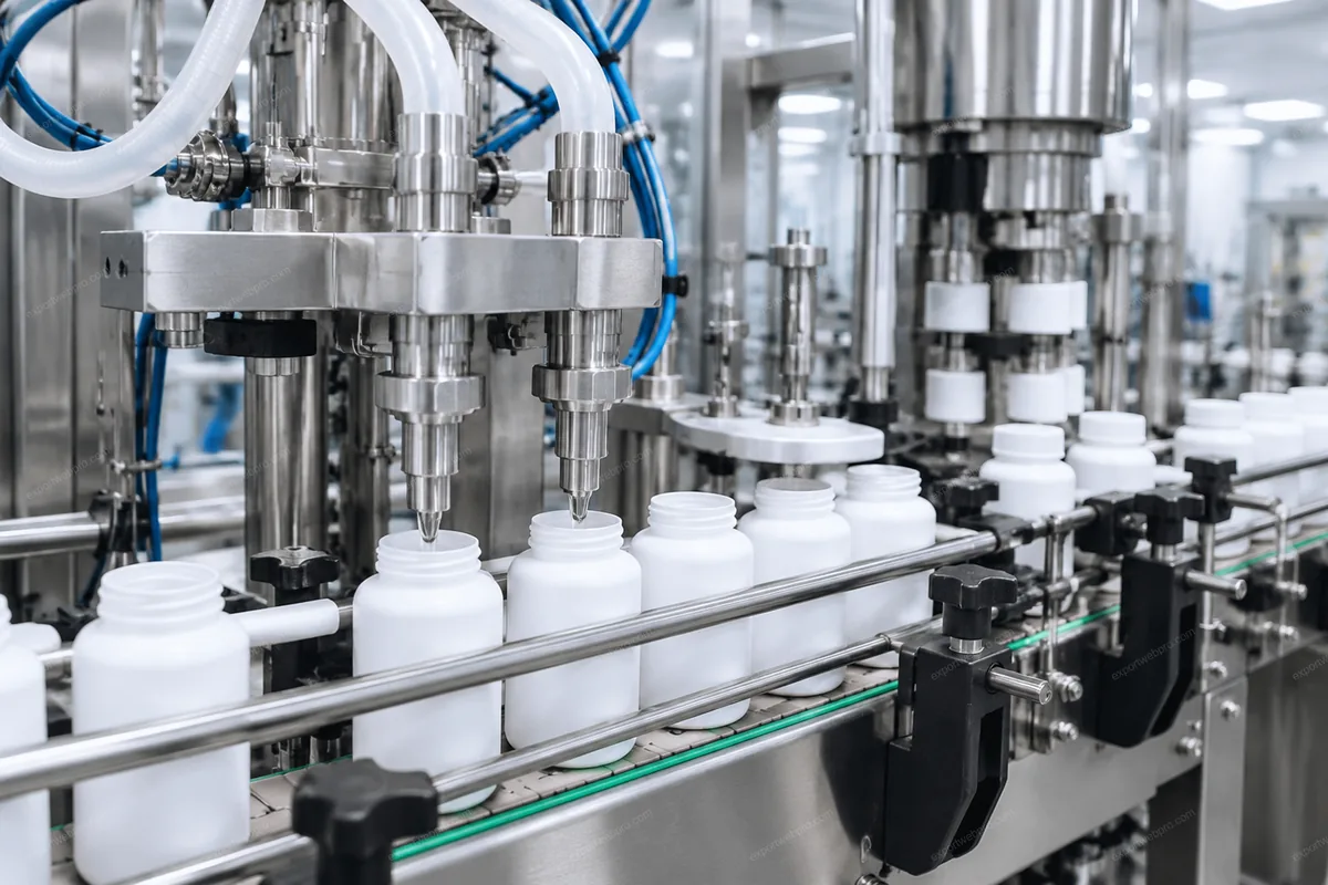 Filling line scene: bottles moving through a filling machine during production