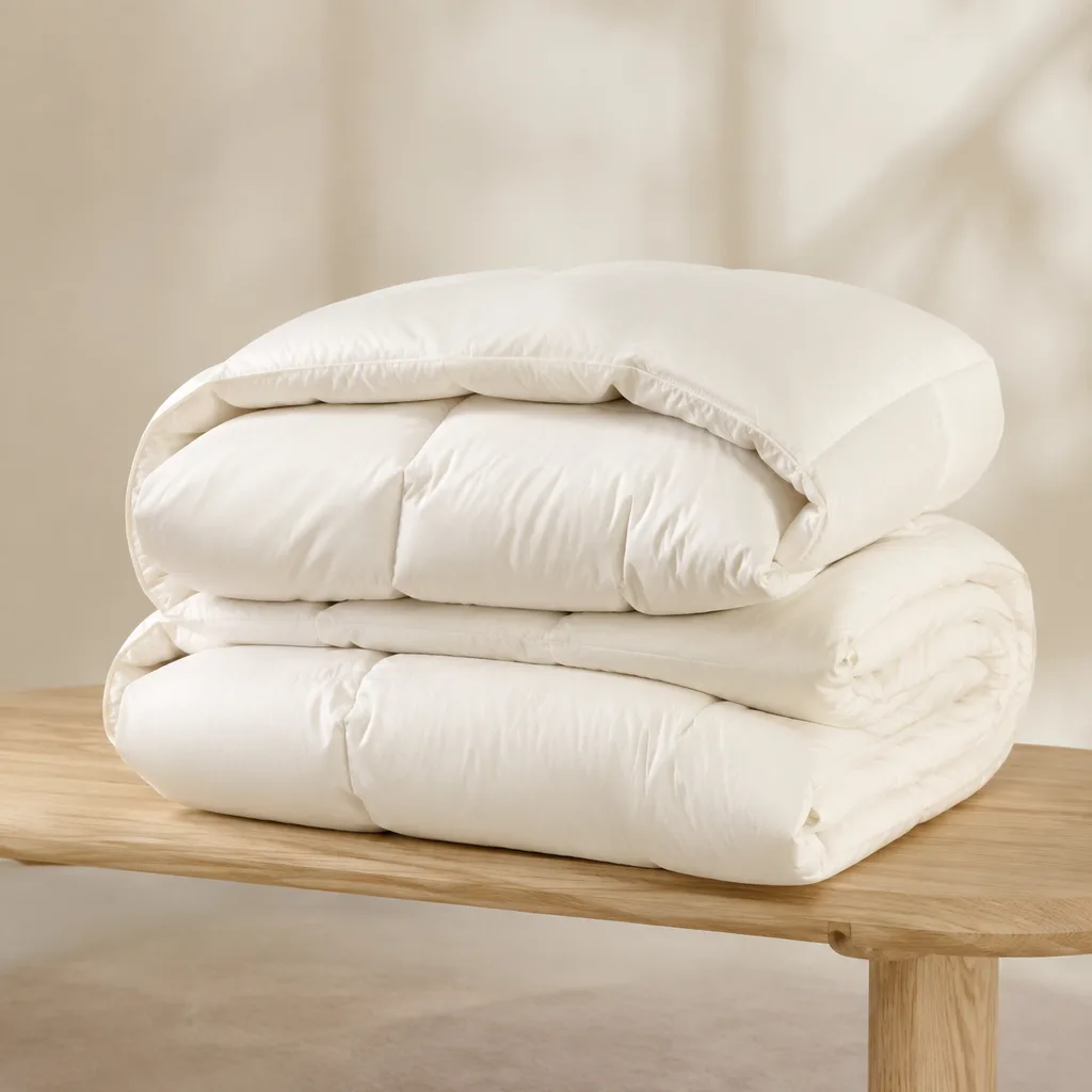 Neatly folded white down duvet