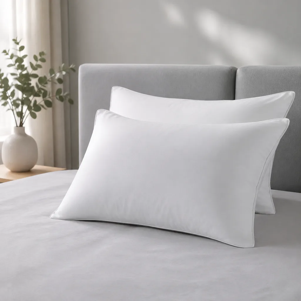 Two white down pillows on light bedding