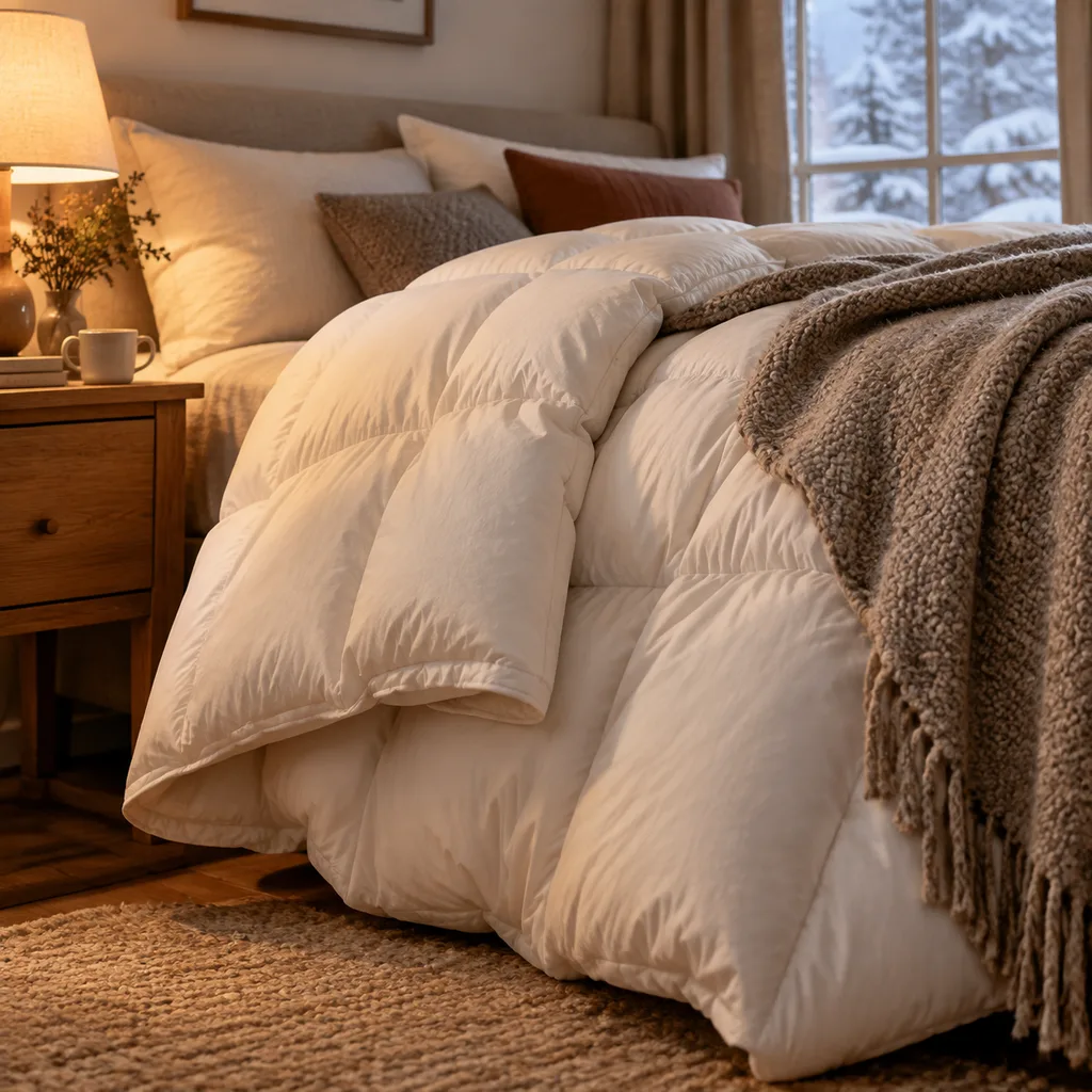 Warm down duvet detail on a bed