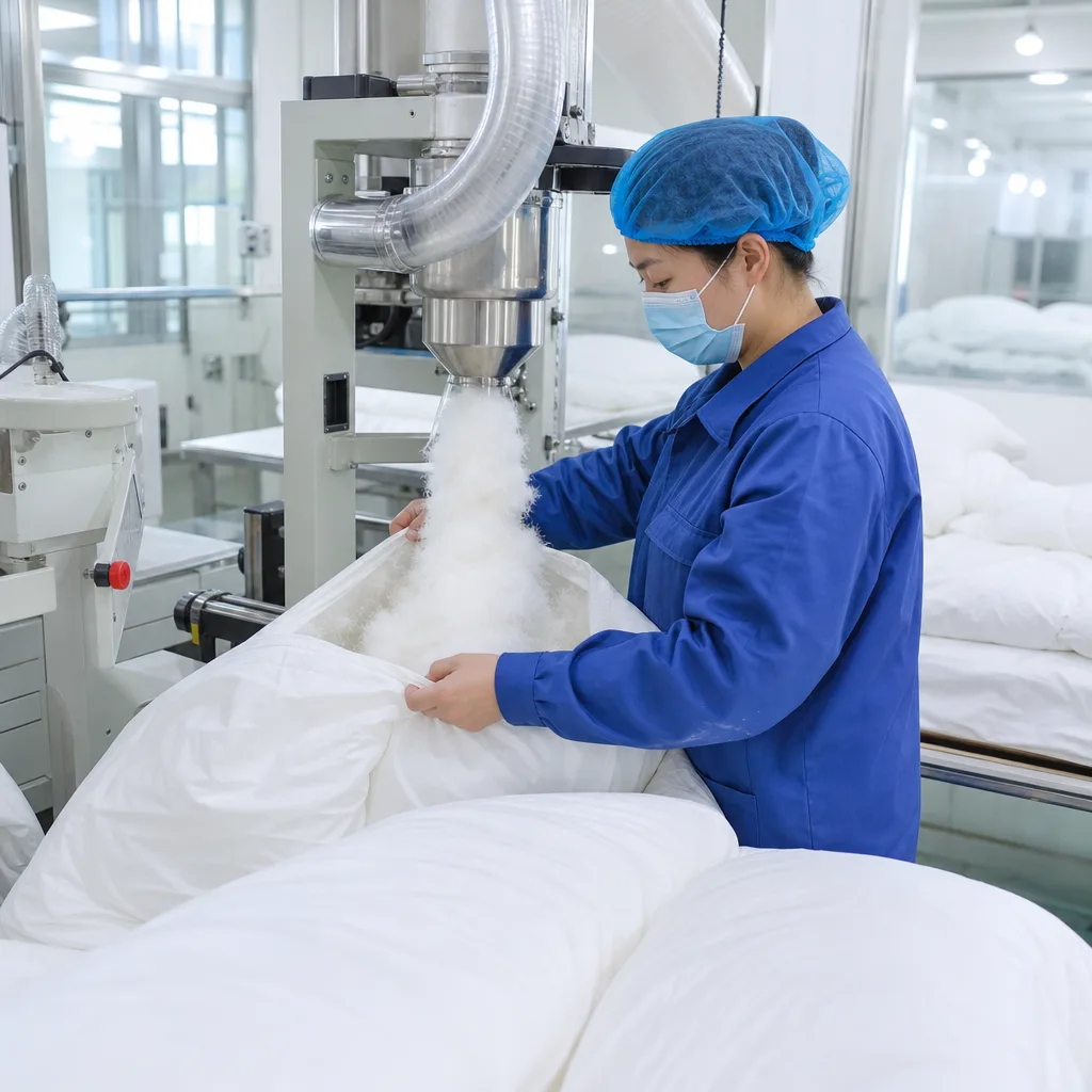 Down filling equipment used during white bedding production