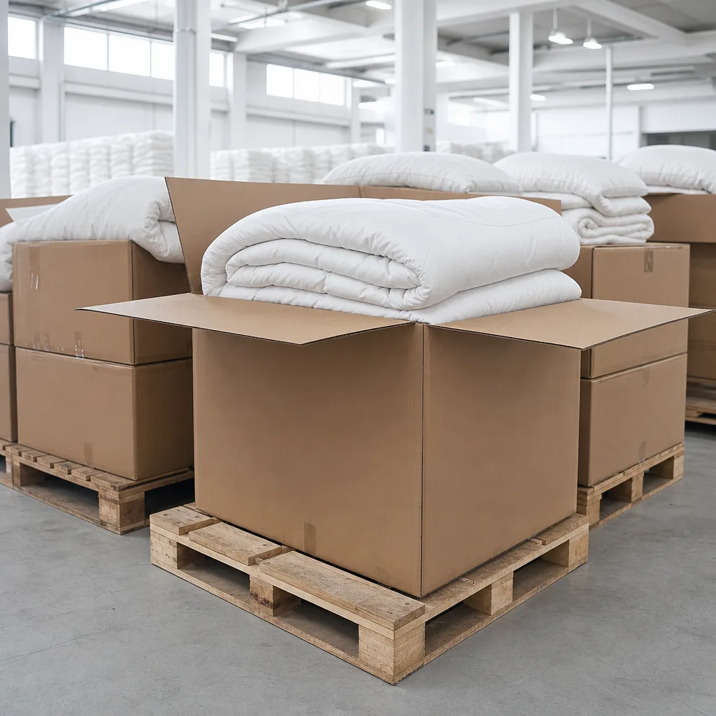 Workers packing white bedding products into export cartons