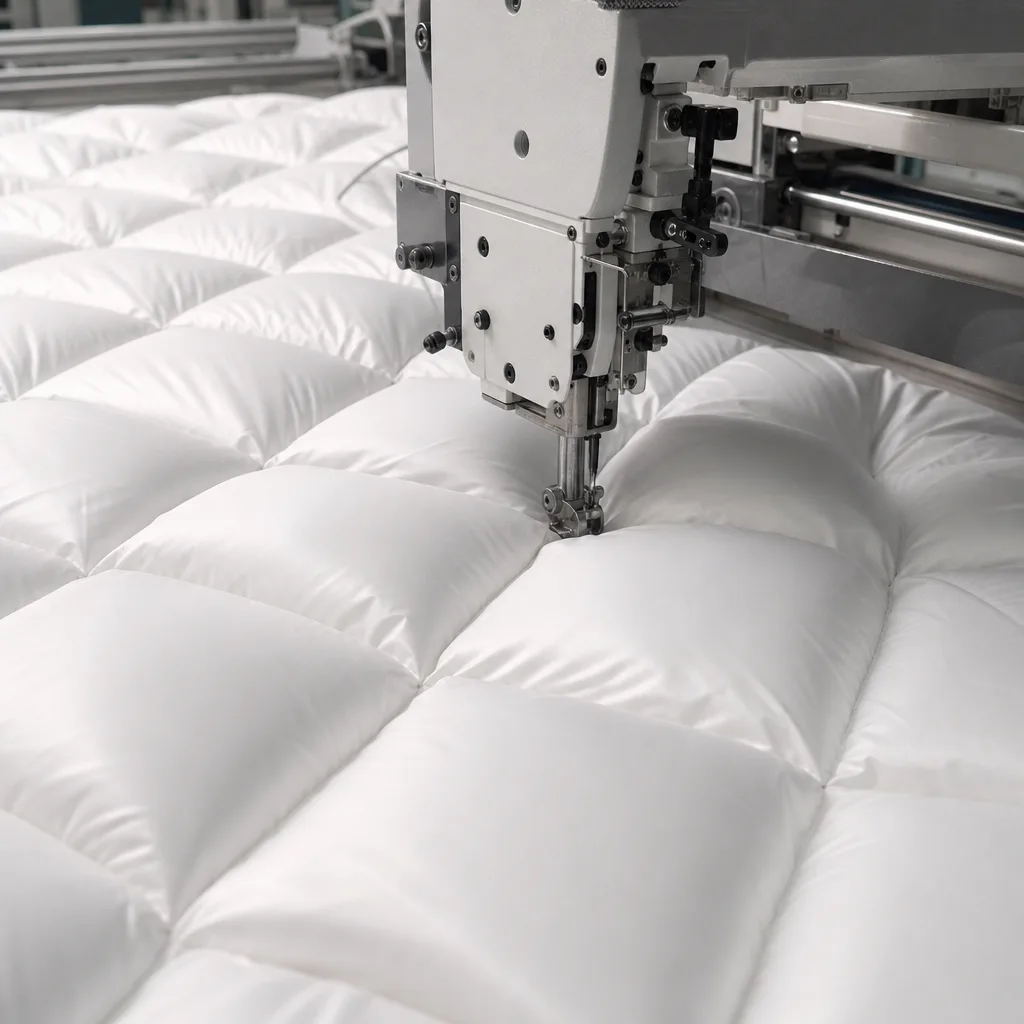Quilting production line stitching white down bedding panels